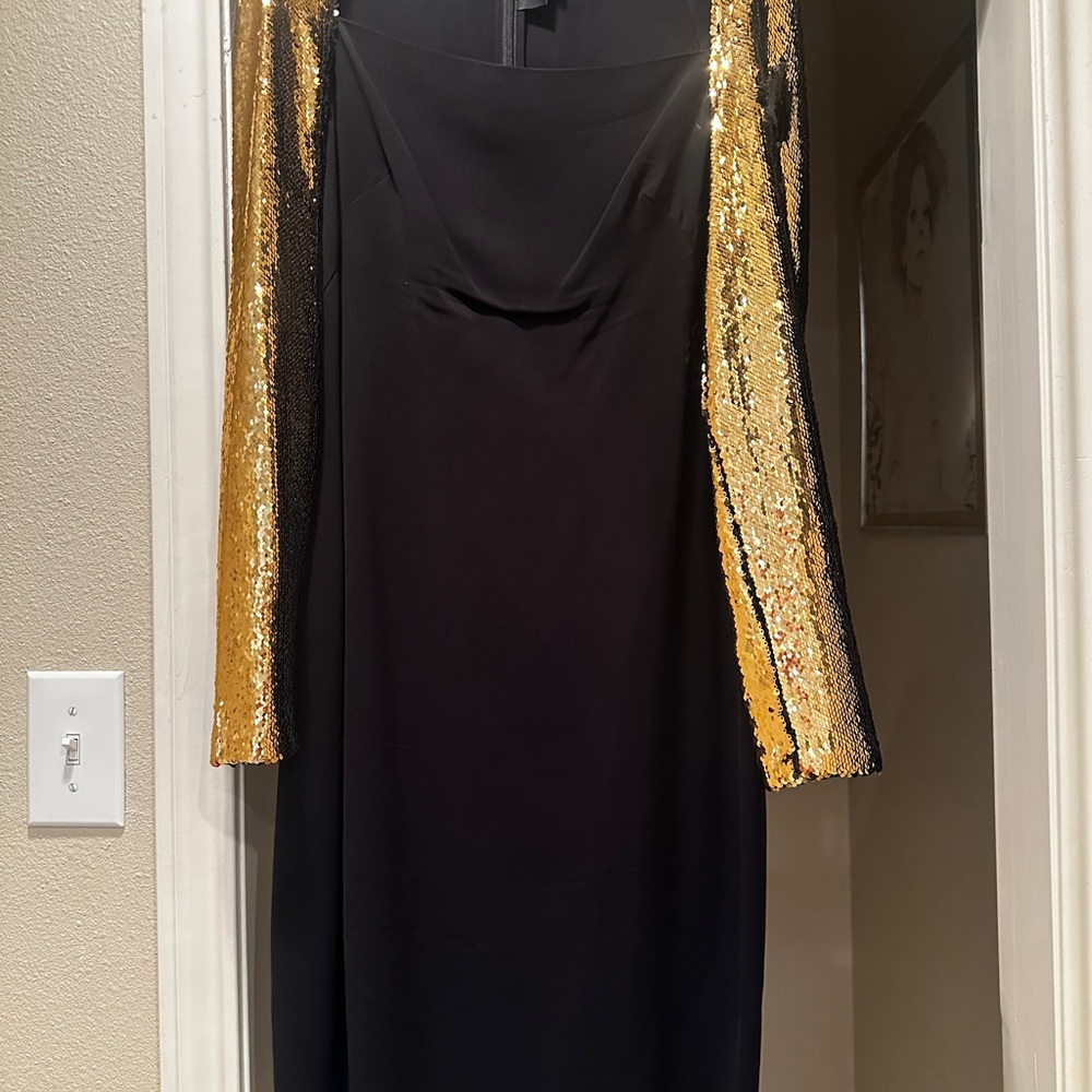 Naeem Khan Black Dress with Gold Sequin Sleeves